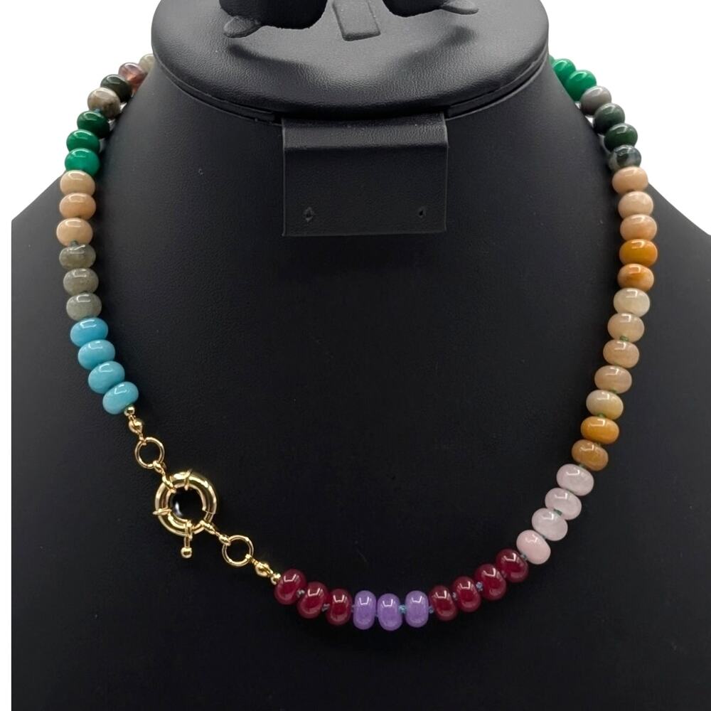 Colorful Natural Gemstone Hand-Knotted Bead 14K Gold Plated Clasp 18" Necklace